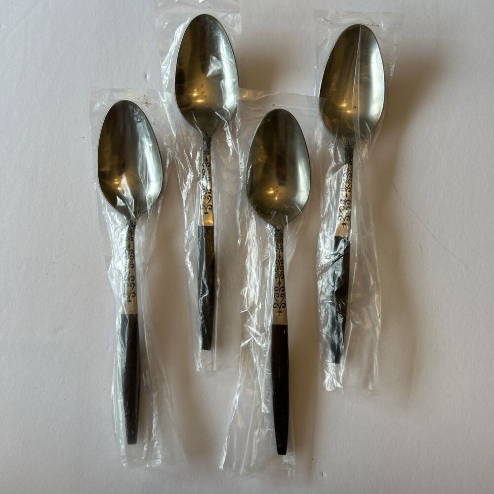 4 Interpur INR2 Stainless Table Spoons Brown Handle Flatware MCM Japan 7 3/4”